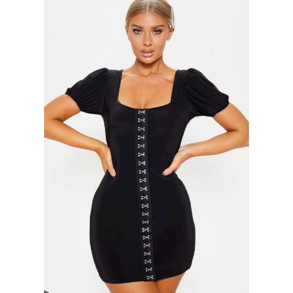 Love Letter Womens Hook & Eye Black Puff Sleeve Square Neck Mini Dress Size S-M